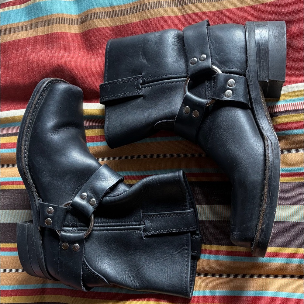 Frye Black Leather Harness Moto Boots